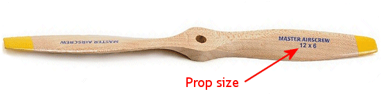 Propeller size shown on a prop